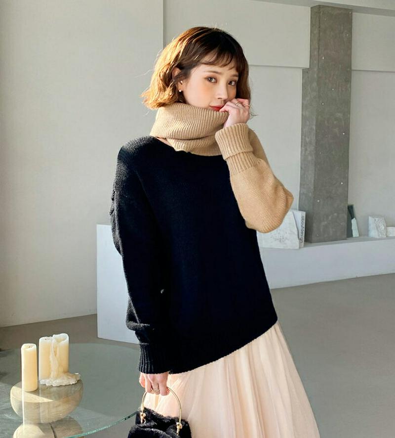 配色スリットタートルニット・全3色・t64631 レディース 【tops】【韓国 ファッション トップス ニット ハイネック 長袖 ルーズ ユニークで 肩スリット オープンショルダー 肩出し 肌見せ カジュアル 秋 冬】