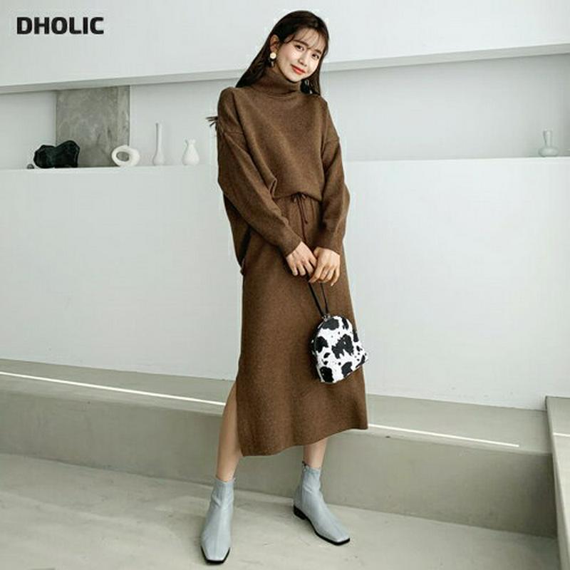 【只今10%OFF】タートルニット&スカートSET・全2色・t64639 レディース 【ops】【韓国 ファッション セットアップ 上下セット ニット ハイネック 長袖 ルーズ ゆったり オーバーサイズ スカート ロング Hライン スリム タイト サイドスリット 無地 カジュアル 秋 冬】