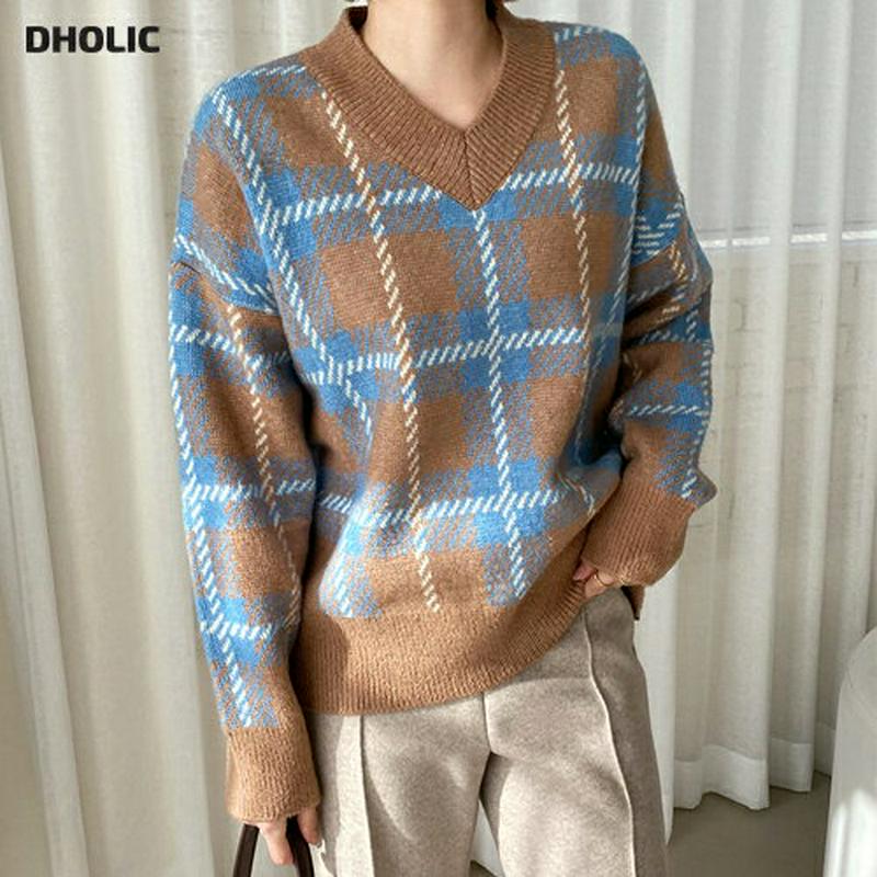 【只今10%OFF】Vネックチェックニット・全3色・t64629 レディース 【tops】【韓国 ファッション トップス ニット 長袖 ロングスリーブ ルーズ ゆったり ドロップショルダー 柄 パターン カジュアル 秋 冬】