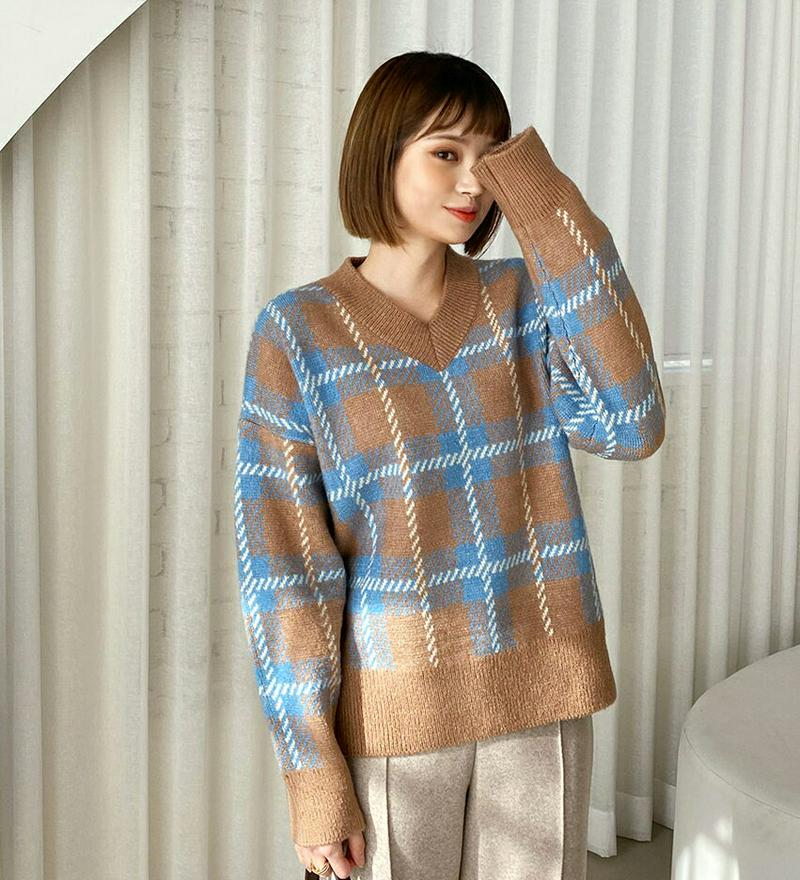 【只今10%OFF】Vネックチェックニット・全3色・t64629 レディース 【tops】【韓国 ファッション トップス ニット 長袖 ロングスリーブ ルーズ ゆったり ドロップショルダー 柄 パターン カジュアル 秋 冬】