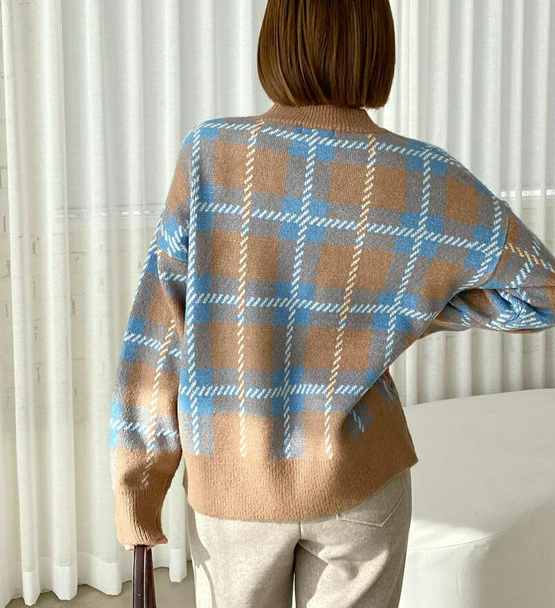 【只今10%OFF】Vネックチェックニット・全3色・t64629 レディース 【tops】【韓国 ファッション トップス ニット 長袖 ロングスリーブ ルーズ ゆったり ドロップショルダー 柄 パターン カジュアル 秋 冬】