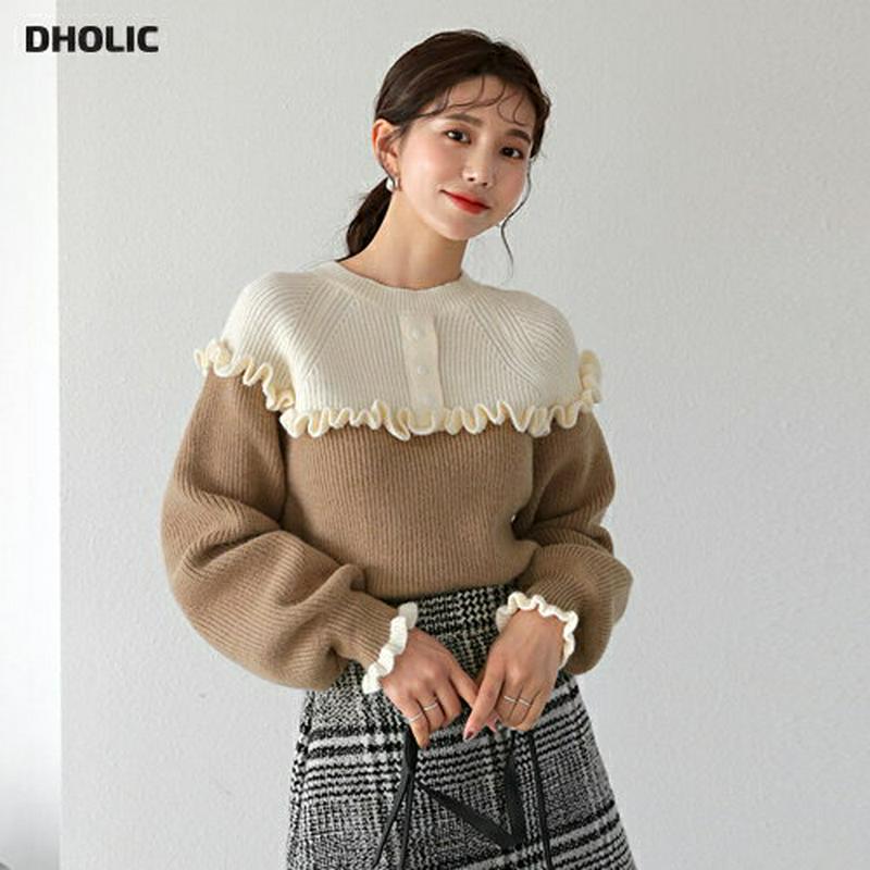 【只今10%OFF】フリル配色ボタンニット・全2色・b64615 レディース 【tops】【韓国 ファッション トップス ニット ラウンドネック 長袖 パフスリーブ ぼわん袖 ボリューム袖 切替 リブニット カジュアル 秋 冬】