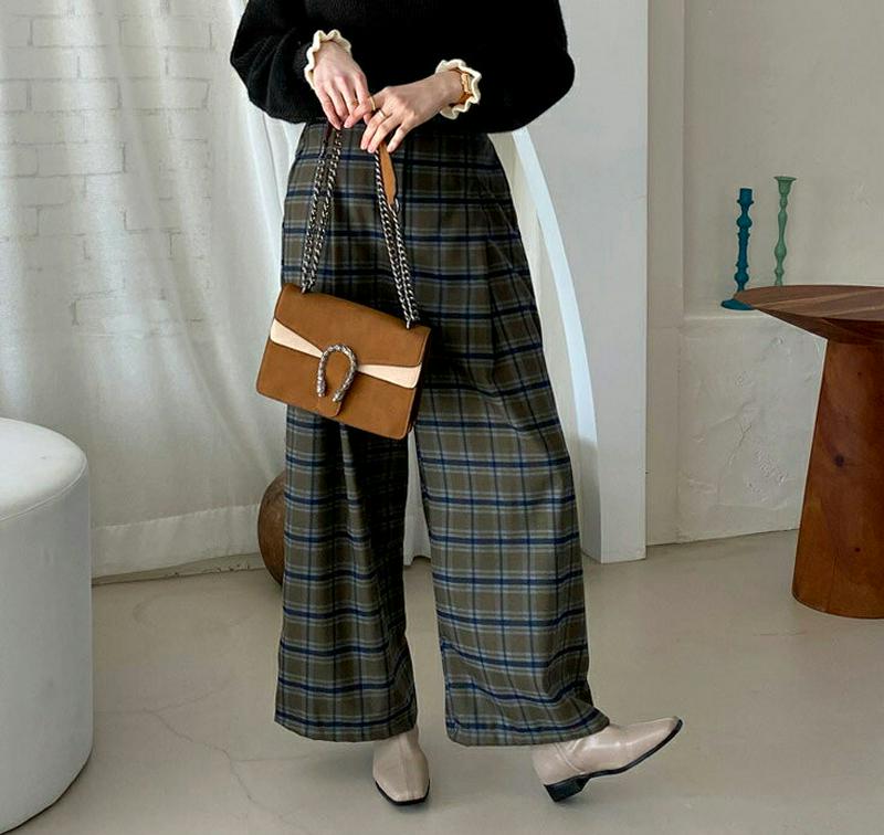 【只今10%OFF】チェックワイドパンツ・全3色・t64616 レディース 【pt】【韓国 ファッション ボトムス パンツ ロング フルレングス 10分丈 十分丈 ハイウエスト ワイド スカンツ スカーチョ 美脚 脚長 細見え 高価 体型カバー パターン 柄 カジュアル 秋 冬】