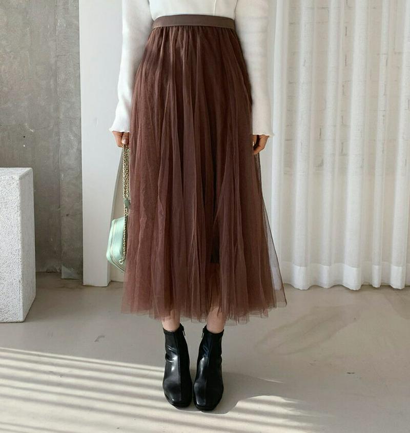 チュールスカート・全5色・b64605 レディース 【sk】韓国ファッション ボトムス スカート ロング フレア Aライン チュール 広がる シアー シースルー 透け感 ボリューミー ウエストゴム 無地 カジュアル 秋 冬