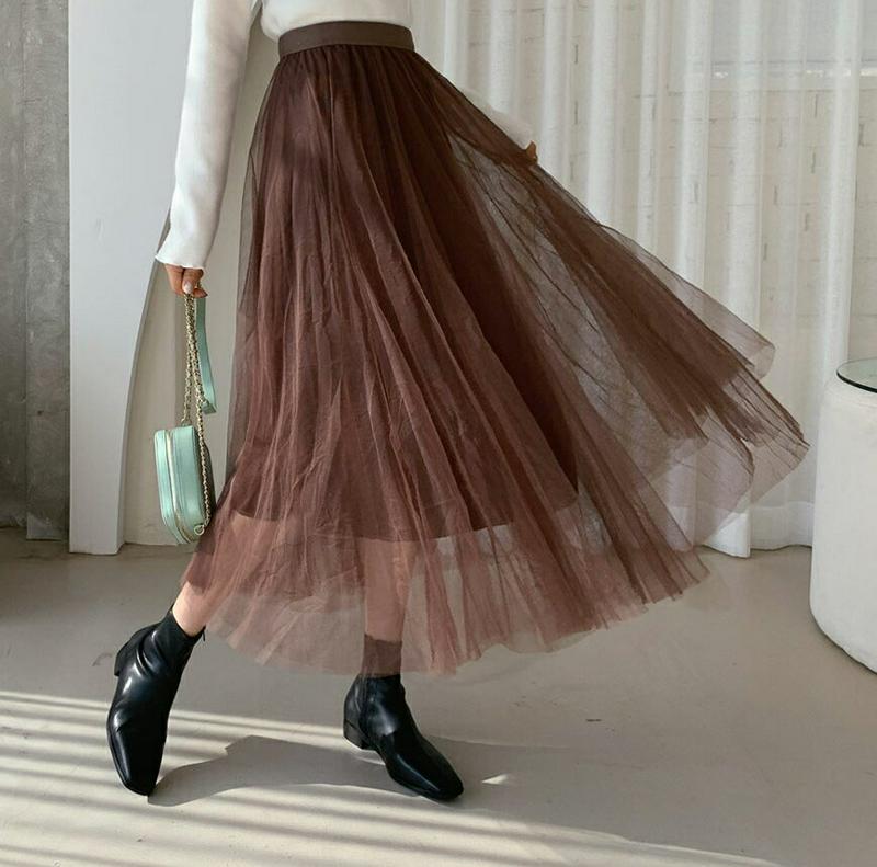 チュールスカート・全5色・b64605 レディース 【sk】韓国ファッション ボトムス スカート ロング フレア Aライン チュール 広がる シアー シースルー 透け感 ボリューミー ウエストゴム 無地 カジュアル 秋 冬