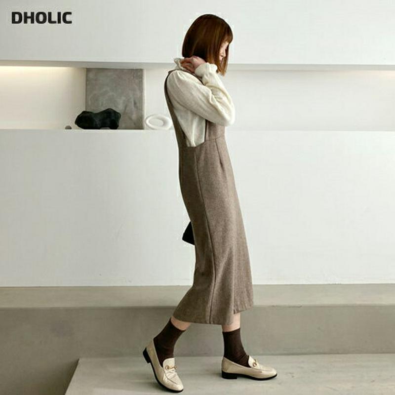 【只今10%OFF】ヘリンボーンワンピース・全2色・b64641 レディース 【ops】【韓国 ファッション ワンピース ロング ミモレ Hライン ラウンドネック ノースリーブ ジャンパースカート レイヤード スリム 細身 カジュアル 秋 冬】