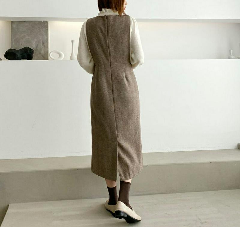 【只今10%OFF】ヘリンボーンワンピース・全2色・b64641 レディース 【ops】【韓国 ファッション ワンピース ロング ミモレ Hライン ラウンドネック ノースリーブ ジャンパースカート レイヤード スリム 細身 カジュアル 秋 冬】