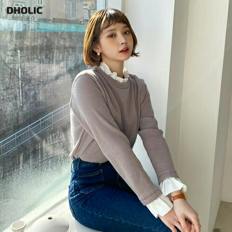 【只今10%OFF】裏起毛フリルヘムTシャツ・全2色・t64609 レディース 【tops】【韓国 ファッション トップス Tシャツ 長袖 フリルネック モックネック ハーフネック スリム 細身 レイヤード調 レイヤード風 カジュアル 秋 冬】