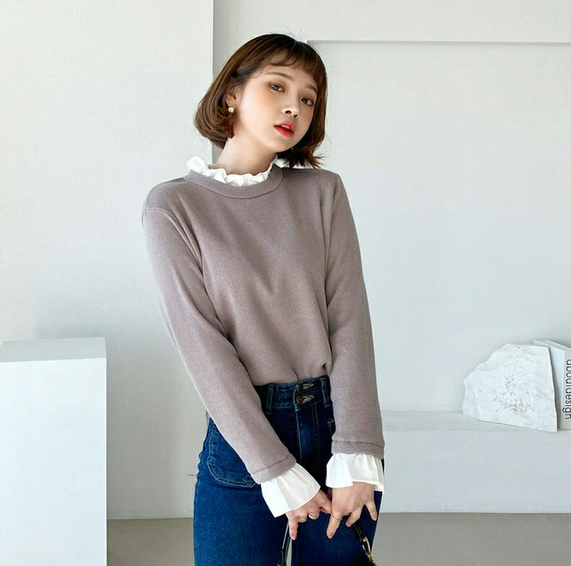【只今10%OFF】裏起毛フリルヘムTシャツ・全2色・t64609 レディース 【tops】【韓国 ファッション トップス Tシャツ 長袖 フリルネック モックネック ハーフネック スリム 細身 レイヤード調 レイヤード風 カジュアル 秋 冬】