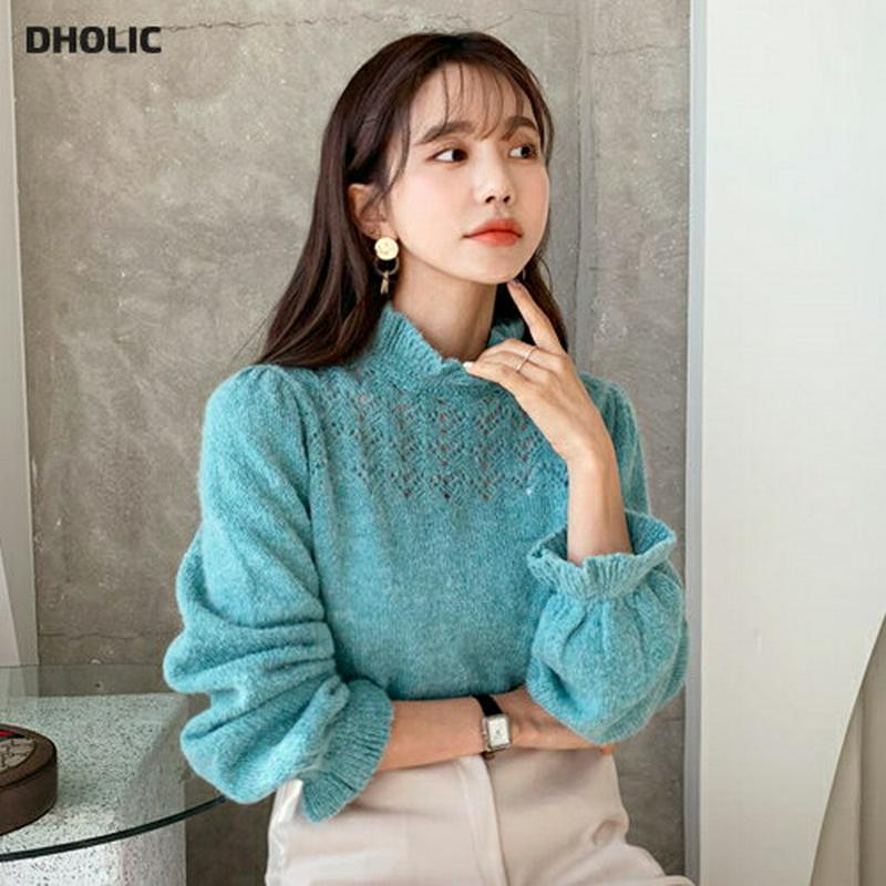 【只今10%OFF】フリルシアーニット・全4色・b64613 レディース 【tops】【韓国 ファッション トップス ニット モックネック ハーフネック 長袖 パフスリーブ ぼわん袖 ボリューム袖 パンチングニット カラーミックス メランジ カジュアル 秋 冬】