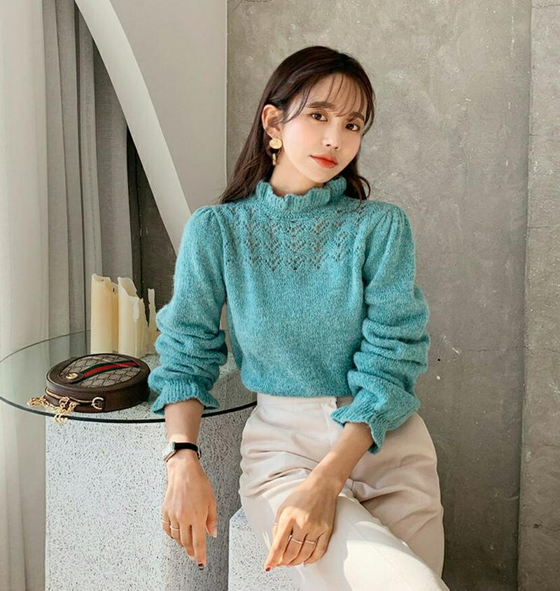 【只今10%OFF】フリルシアーニット・全4色・b64613 レディース 【tops】【韓国 ファッション トップス ニット モックネック ハーフネック 長袖 パフスリーブ ぼわん袖 ボリューム袖 パンチングニット カラーミックス メランジ カジュアル 秋 冬】