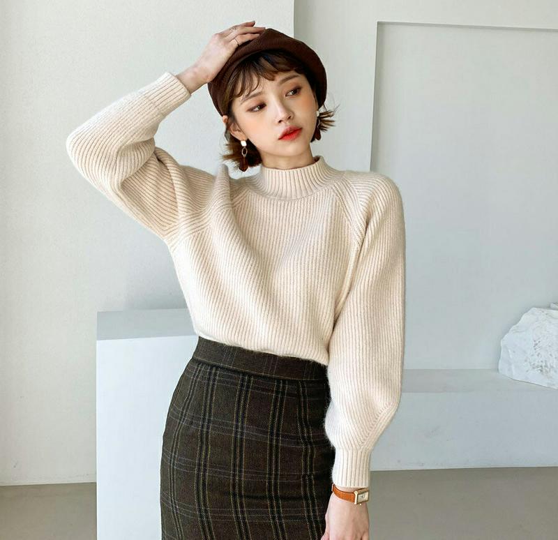 【只今10%OFF】ラグランパフニット・全4色・b64621 レディース 【tops】【韓国 ファッション トップス ニット モックネック ハーフネック 長袖 パフスリーブ ぼわん袖 ボリューム袖 ロング リブニット 体型カバー 無地 カジュアル 秋 冬】