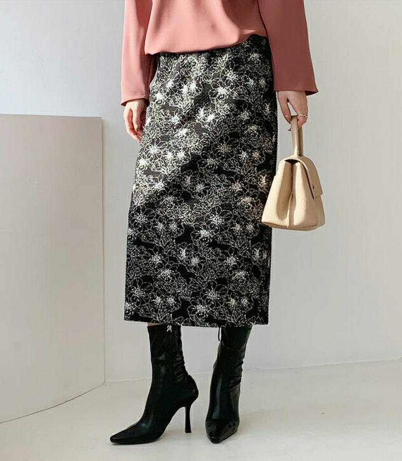 【只今セール】フローラルスカート・全2色・t65695 レディース 【sk】【スカート ロング ロングスカート 花柄 フラワー Aライン モノトーン シック スリット きれいめ ウール 秋 冬 韓国 ファッション】【ハイホリHIHOLLI】【TI】