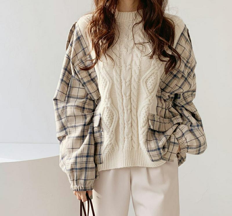 チェックコントラストニット・全2色・t65679 レディース 【tops】【トップス ニット ニットトップス 長袖 コントラスト 異素材ミックス ケーブルニット ケーブル チェック柄 かわいい 秋 冬 韓国 ファッション】【ハイホリHIHOLLI】