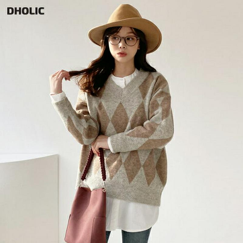 【只今10%OFF】Vネックアーガイルニット・全3色・t65678 レディース 【tops】【トップス ニット ニットトップス 長袖 アーガイル アーガイルニット 柄 Vネック ルーズ ゆったり　ラフ 秋 冬 韓国 ファッション】【ハイホリHIHOLLI】