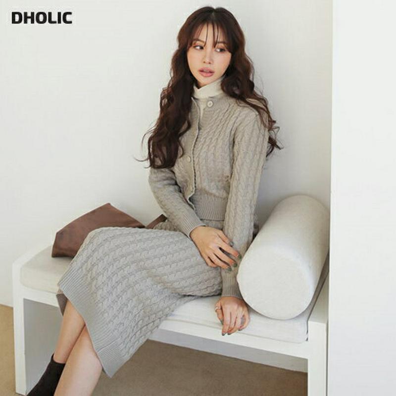 【只今10%OFF】ツイストカーディガン&スカートSET・全2色・b65686 レディース 【ops】【セットアップ setup カーディガン 羽織物 長袖 カーデ ツイスト スカート ウエストゴム Hライン ロングスカート 秋 冬 韓国 ファッション】【ハイホリHIHOLLI】