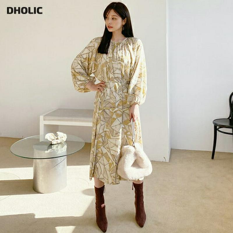 【只今10%OFF】ストラップ付パターンワンピース・全2色・t65688 レディース 【ops】【ワンピース ロング ロングワンピース 長袖 総柄 モダン 大人 体型カバー ギャザー ストラップ 秋 冬 韓国 ファッション】【ハイホリHIHOLLI】