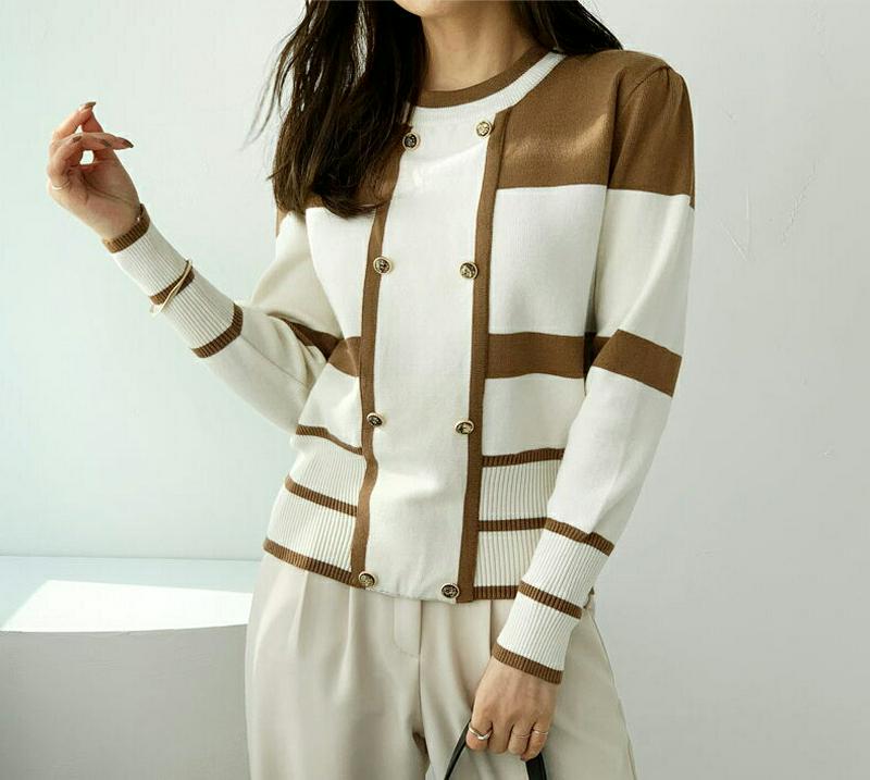 フェイクボタン配色ニット・全2色・b65676 レディース 【tops】【トップス ニット ニットトップス 長袖 配色 大人 モダン フェイクボタン パフ袖 パフスリーブ 秋 冬 韓国 ファッション】【ハイホリHIHOLLI】