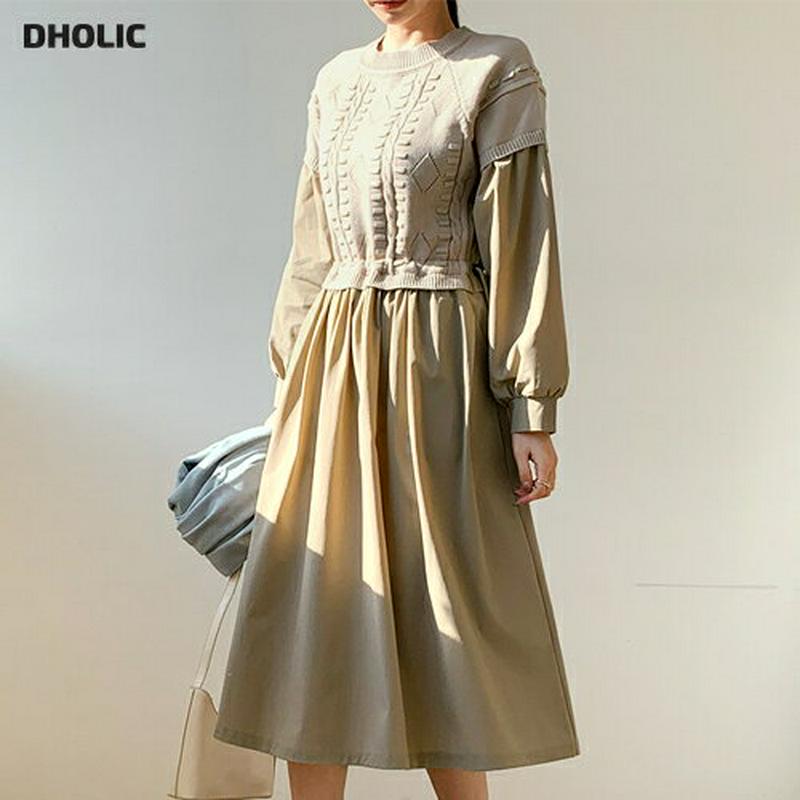 【只今10%OFF】ドロストニットコントラストワンピース・全2色・b65687 レディース 【ops】【ワンピース ロング ロングワンピース 長袖 ニット コントラスト ドロスト 異素材ミックス かわいい レイヤード風 秋 冬 韓国 ファッション】【ハイホリHIHOLLI】