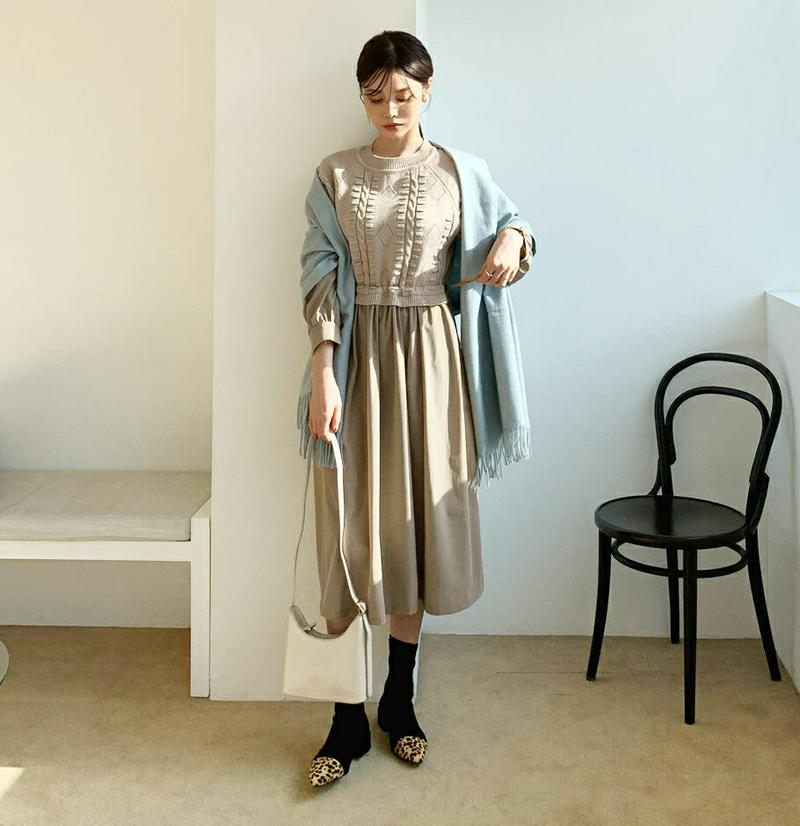 【只今10%OFF】ドロストニットコントラストワンピース・全2色・b65687 レディース 【ops】【ワンピース ロング ロングワンピース 長袖 ニット コントラスト ドロスト 異素材ミックス かわいい レイヤード風 秋 冬 韓国 ファッション】【ハイホリHIHOLLI】