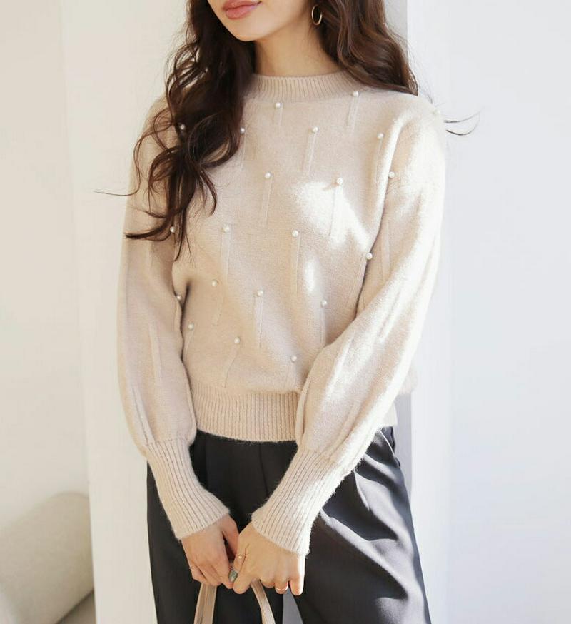 【只今10%OFF】ラウンドパールニット・全3色・b65677 レディース 【tops】【トップス ニット ニットトップス 長袖 パール フェミニン 可愛い かわいい パフ袖 パフスリーブ 秋 冬 韓国 ファッション】【ハイホリHIHOLLI】