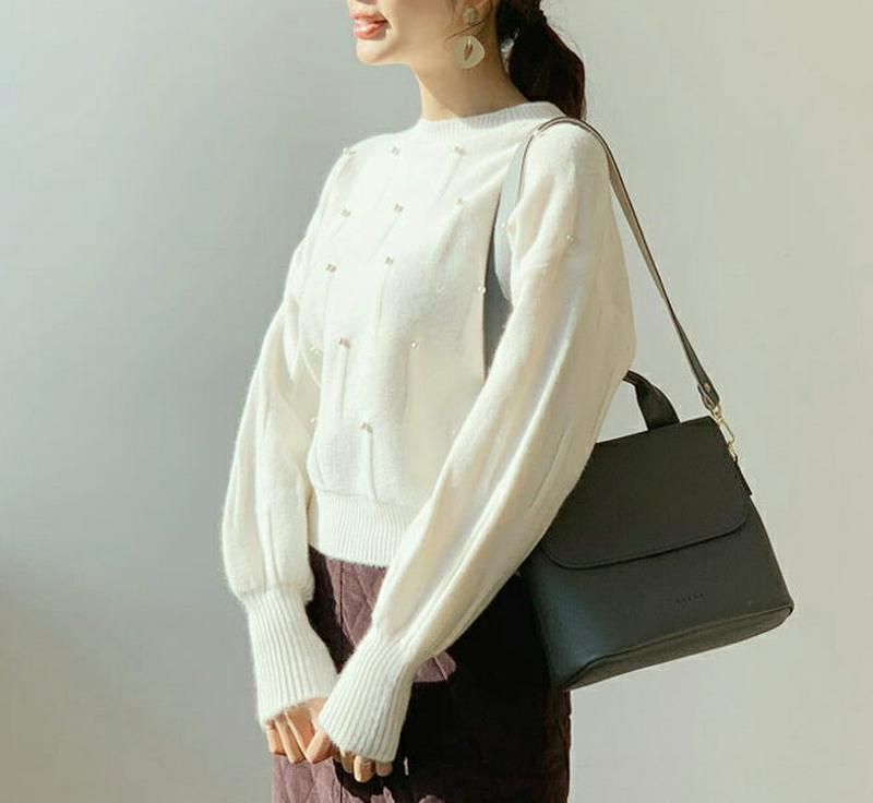 【只今10%OFF】ラウンドパールニット・全3色・b65677 レディース 【tops】【トップス ニット ニットトップス 長袖 パール フェミニン 可愛い かわいい パフ袖 パフスリーブ 秋 冬 韓国 ファッション】【ハイホリHIHOLLI】