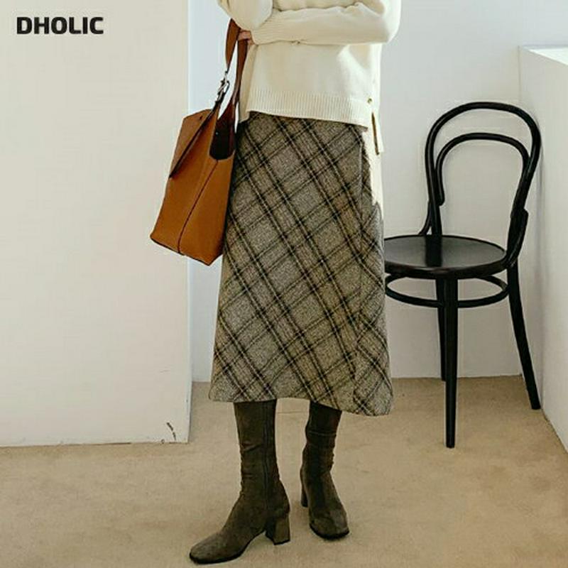 【只今10%OFF】チェックAラインスカート・全2色・t65693 レディース 【sk】【スカート ミディ丈 ミディスカート チェック柄 Aライン 大人 ウール 秋 冬 韓国 ファッション】【ハイホリHIHOLLI】