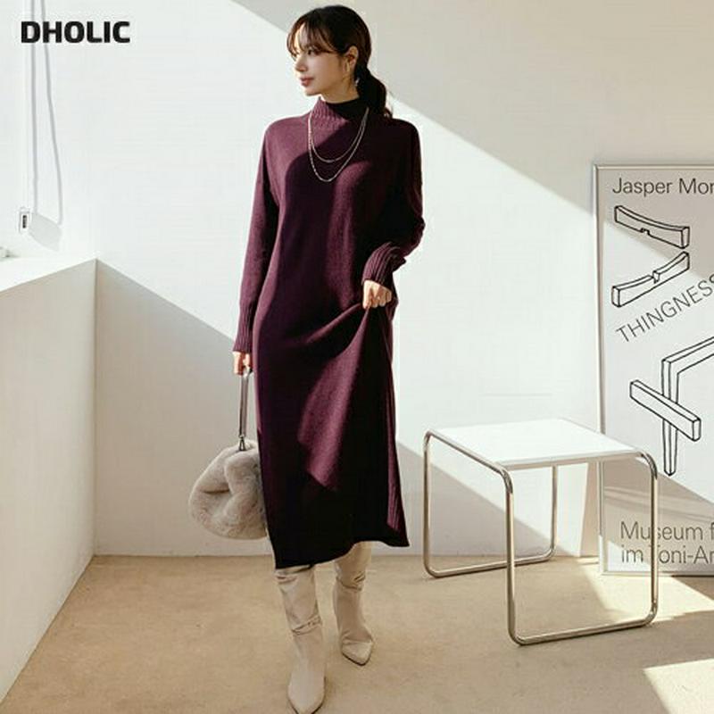 【スーパーセール特価】リブヘムニットワンピース・全4色・t65685 レディース 【ops】【ワンピース ミディ丈 ミディワンピース 長袖 ニット ニットワンピース リブ 単色 無地 シンプル ハイネック スリット 大人 秋 冬 韓国 ファッション】【ハイホリHIHOLLI】