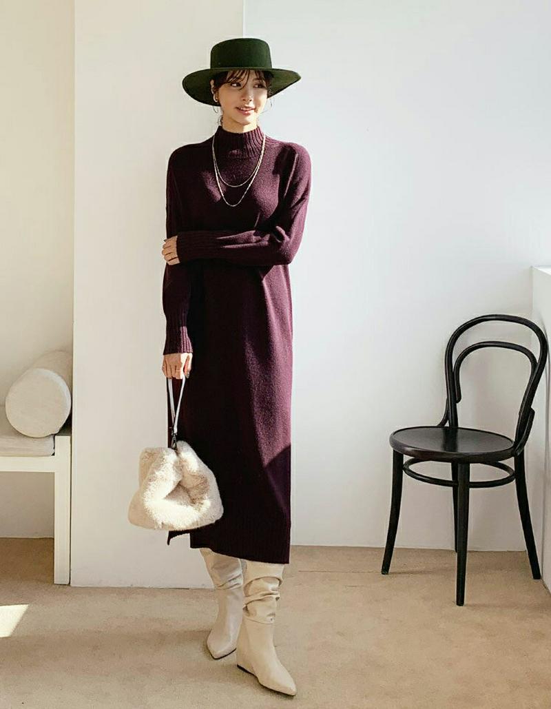 【スーパーセール特価】リブヘムニットワンピース・全4色・t65685 レディース 【ops】【ワンピース ミディ丈 ミディワンピース 長袖 ニット ニットワンピース リブ 単色 無地 シンプル ハイネック スリット 大人 秋 冬 韓国 ファッション】【ハイホリHIHOLLI】