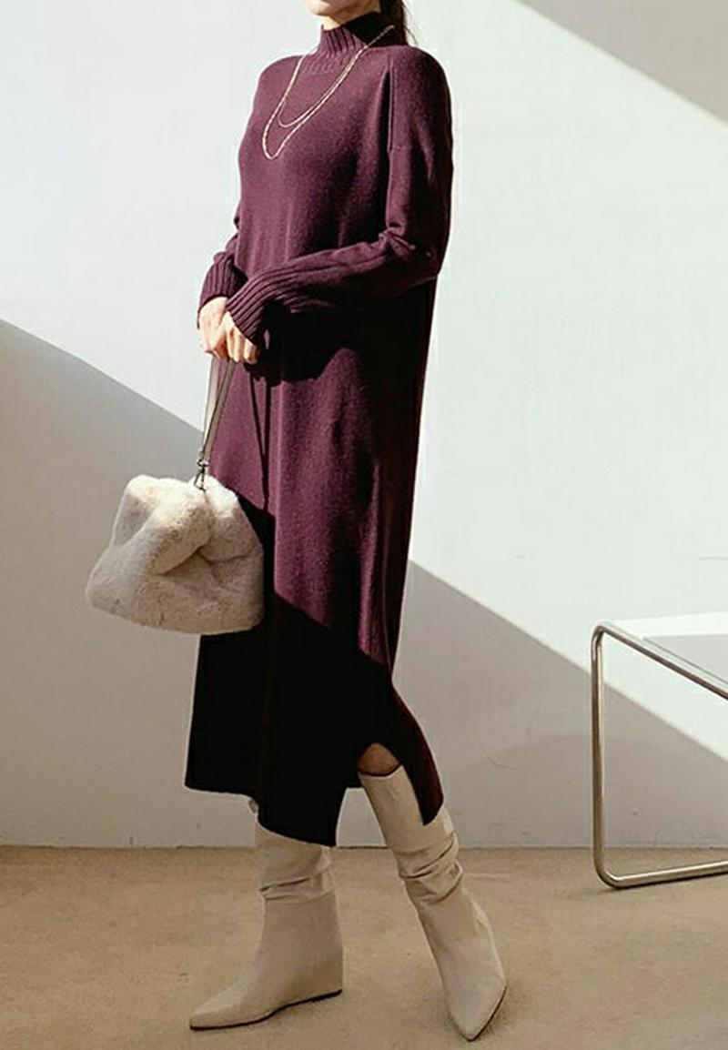 【スーパーセール特価】リブヘムニットワンピース・全4色・t65685 レディース 【ops】【ワンピース ミディ丈 ミディワンピース 長袖 ニット ニットワンピース リブ 単色 無地 シンプル ハイネック スリット 大人 秋 冬 韓国 ファッション】【ハイホリHIHOLLI】