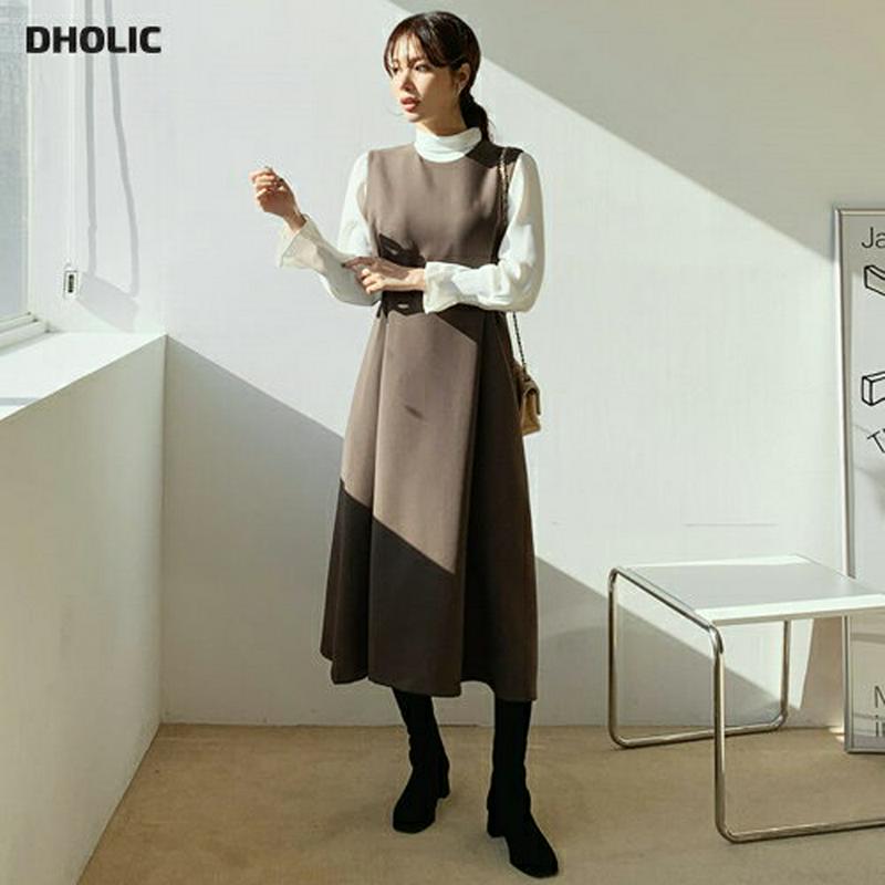 【只今10%OFF】ボタンストラップワンピース・全2色・b65684 レディース 【ops】【ワンピース ロング ロングワンピース スリーブレス ノースリーブ レイヤード 単色 無地 シンプル カジュアル 大人 秋 冬 韓国 ファッション】【ハイホリHIHOLLI】