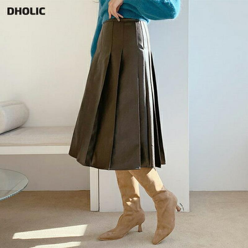 【只今10%OFF】レザー調プリーツスカート・全2色・t65697 レディース 【sk】【スカート ミディ丈 ミディスカート プリーツ プリーツスカート レザー 単色 無地 シンプル 大人 かっこいい 秋 冬 韓国 ファッション】【ハイホリHIHOLLI】