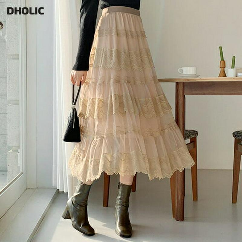 【只今10%OFF】レースティアードスカート・全3色・b62124 レディース 【sk】【韓国 ファッション ボトムス スカート ロング フレア Aライン レース チュール シアー 透ける シースルー 透け感 ティアード風 ボリューミー エレガント 高見え きれいめ カジュアル 秋 冬】