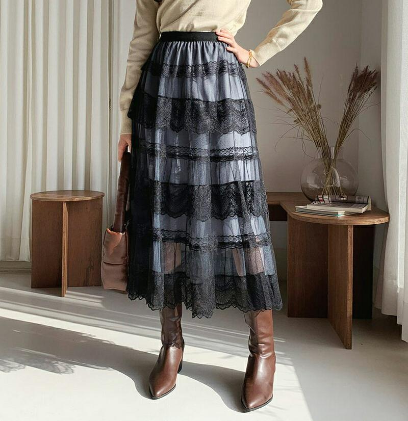 【只今10%OFF】レースティアードスカート・全3色・b62124 レディース 【sk】【韓国 ファッション ボトムス スカート ロング フレア Aライン レース チュール シアー 透ける シースルー 透け感 ティアード風 ボリューミー エレガント 高見え きれいめ カジュアル 秋 冬】