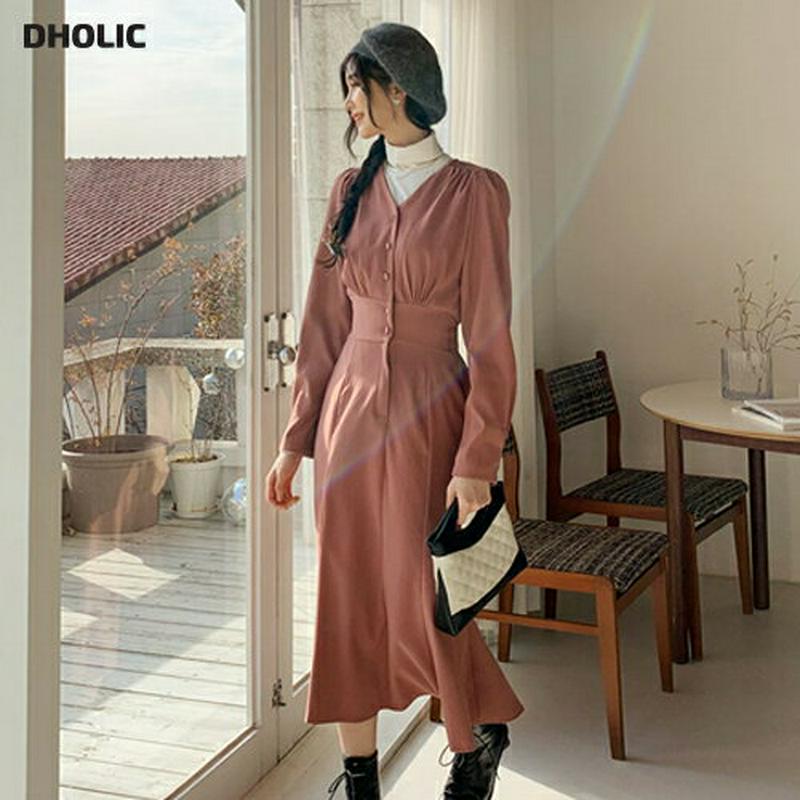 【只今10%OFF】ボタンVネックワンピース・全3色・t62113 レディース 【ops】【韓国 ファッション ワンピース ロング フレア Aライン Vネック 長袖 スリム 細身 端正 上品 大人 きれいめ お出かけ カジュアル 秋 冬】