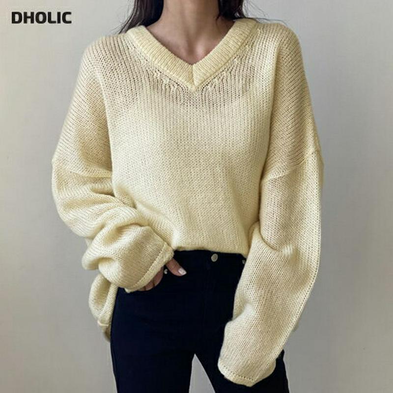 【只今10%OFF】Vネックルーズニット・全5色・b62142 レディース 【tops】【韓国 ファッション トップス ニット ラウンドネック 長袖 ロングスリーブ ルーズ ゆったり ドロップショルダー 無地 体型カバー オーバーサイズ お尻カバー ローゲージ カジュアル 秋 冬】