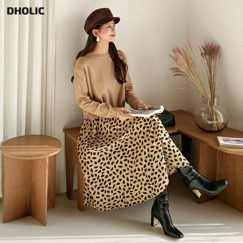 【只今10%OFF】ニットパターンコンビワンピース・全2色・b62144 レディース 【ops】【韓国 ファッション ワンピース ロング フレア Aライン ラウンドネック 長袖 ニット リブニット ルーズ ゆったり パターン 柄 異素材 配色 切替 カジュアル 秋 冬】