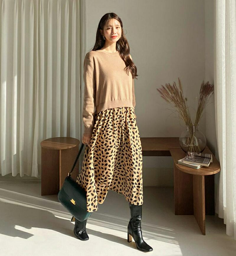 【只今10%OFF】ニットパターンコンビワンピース・全2色・b62144 レディース 【ops】【韓国 ファッション ワンピース ロング フレア Aライン ラウンドネック 長袖 ニット リブニット ルーズ ゆったり パターン 柄 異素材 配色 切替 カジュアル 秋 冬】