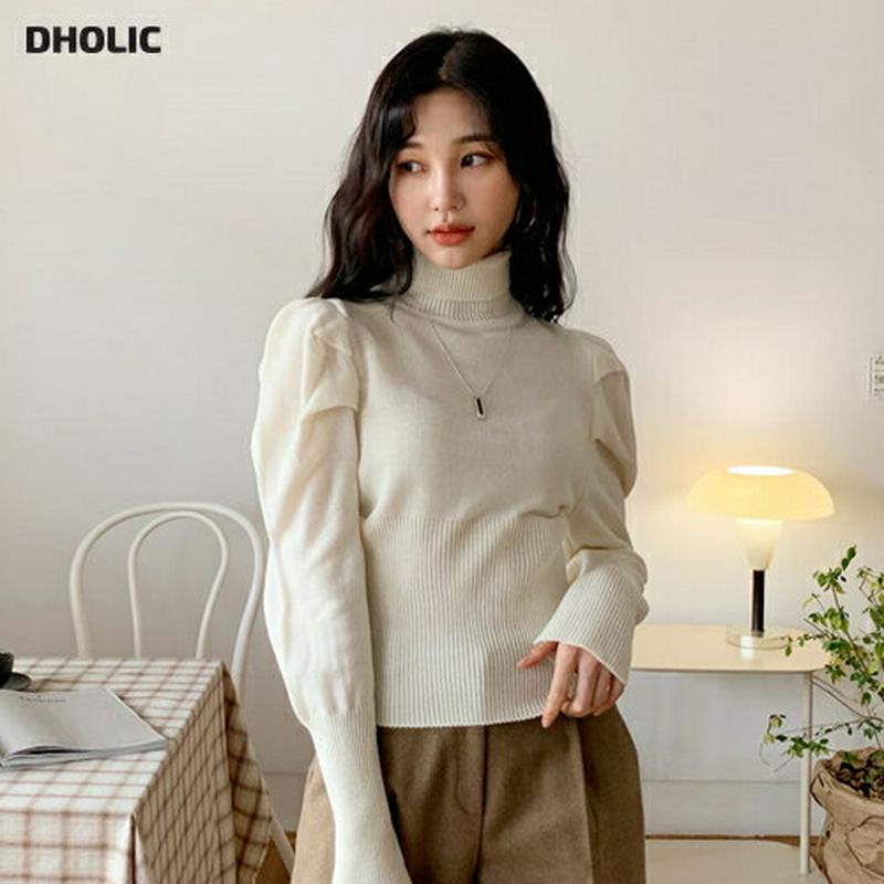【只今10%OFF】パフタートルニット・全2色・b62104 レディース 【tops】【韓国 ファッション トップス ニット リブタートルネック ハイネック 長袖 ロングスリーブ スリム 細身 タイト パフスリーブ ぼわん袖 ボリューム袖 カジュアル 秋 冬】