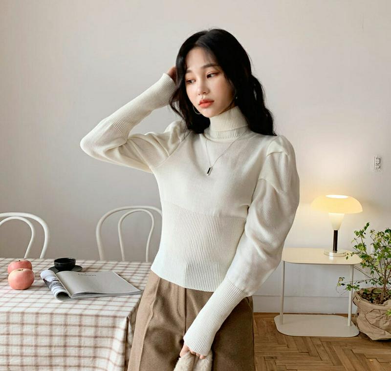 【只今10%OFF】パフタートルニット・全2色・b62104 レディース 【tops】【韓国 ファッション トップス ニット リブタートルネック ハイネック 長袖 ロングスリーブ スリム 細身 タイト パフスリーブ ぼわん袖 ボリューム袖 カジュアル 秋 冬】