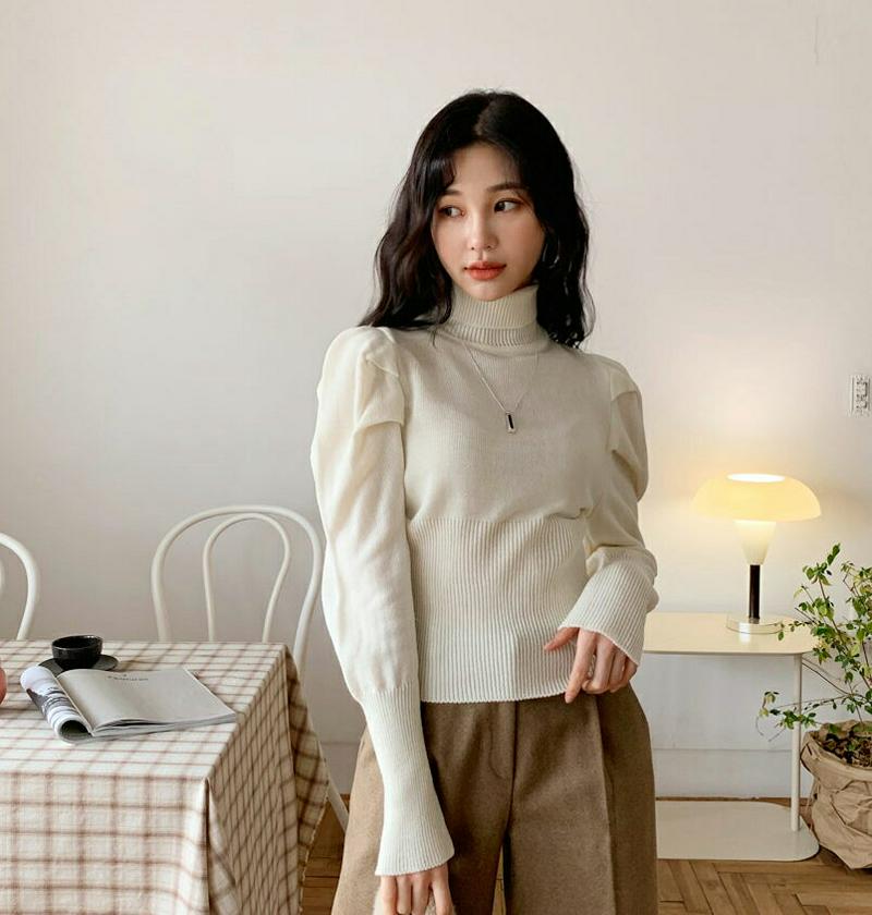 【只今10%OFF】パフタートルニット・全2色・b62104 レディース 【tops】【韓国 ファッション トップス ニット リブタートルネック ハイネック 長袖 ロングスリーブ スリム 細身 タイト パフスリーブ ぼわん袖 ボリューム袖 カジュアル 秋 冬】