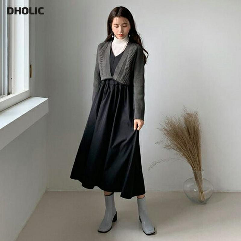 ニットコントラストワンピース・全2色・b62117 レディース 【ops】【韓国 ファッション ワンピース ロング フレア Aライン Vネック 長袖 ニット リブニット ルーズ ゆったり 無地 配色 切替 カジュアル 秋 冬】