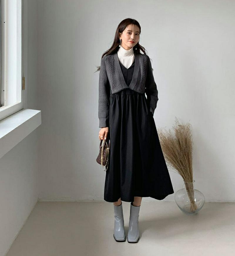 ニットコントラストワンピース・全2色・b62117 レディース 【ops】【韓国 ファッション ワンピース ロング フレア Aライン Vネック 長袖 ニット リブニット ルーズ ゆったり 無地 配色 切替 カジュアル 秋 冬】