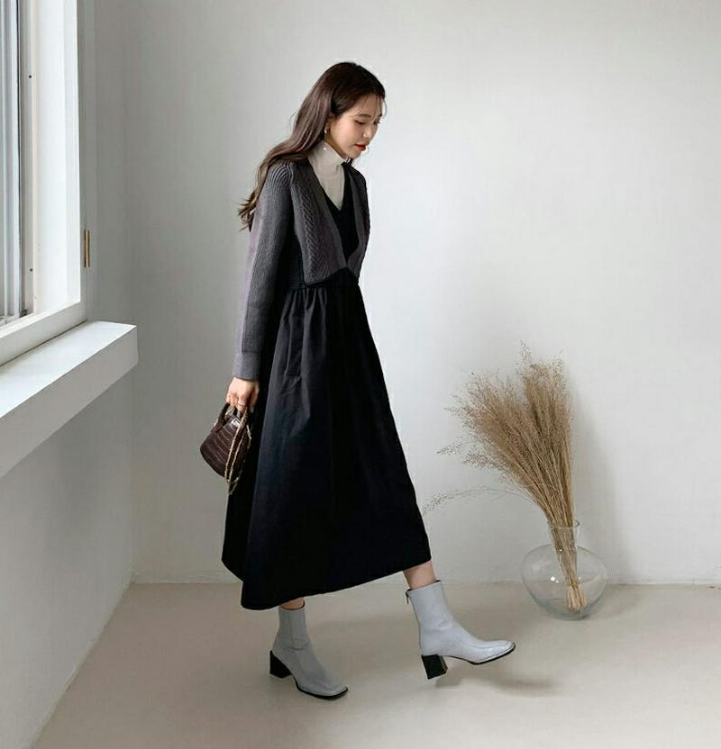 ニットコントラストワンピース・全2色・b62117 レディース 【ops】【韓国 ファッション ワンピース ロング フレア Aライン Vネック 長袖 ニット リブニット ルーズ ゆったり 無地 配色 切替 カジュアル 秋 冬】