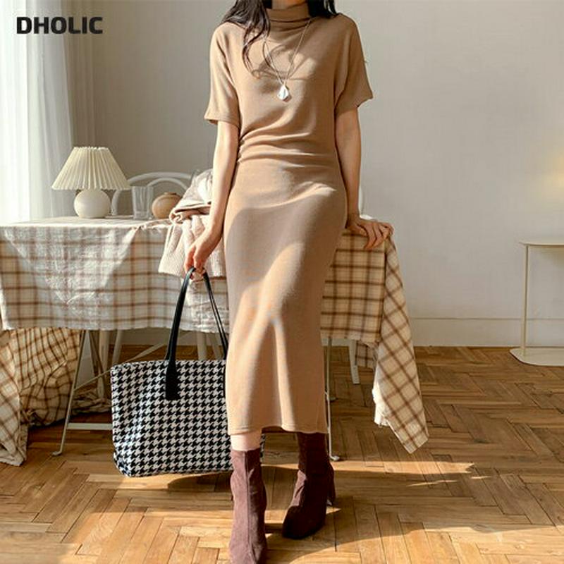 【只今10%OFF】裏起毛スリムワンピース・全3色・t62114 レディース 【ops】【韓国 ファッション ワンピース ロング Hライン ハイネック ハーフネック 半袖 無地 スリム 細身 タイト シンプル カジュアル 秋 冬】