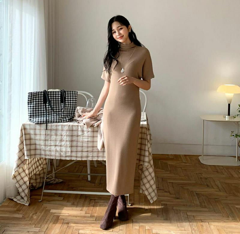 【只今10%OFF】裏起毛スリムワンピース・全3色・t62114 レディース 【ops】【韓国 ファッション ワンピース ロング Hライン ハイネック ハーフネック 半袖 無地 スリム 細身 タイト シンプル カジュアル 秋 冬】