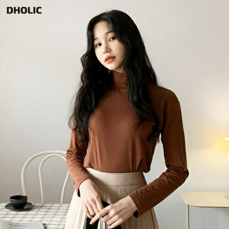 【只今10%OFF】裏起毛スリムTシャツ・全5色・b62097 レディース 【tops】【韓国 ファッション トップス Tシャツ ハイネック タートルネック 長袖 スリム 細身 無地 シンプル デイリー カジュアル 秋 冬】
