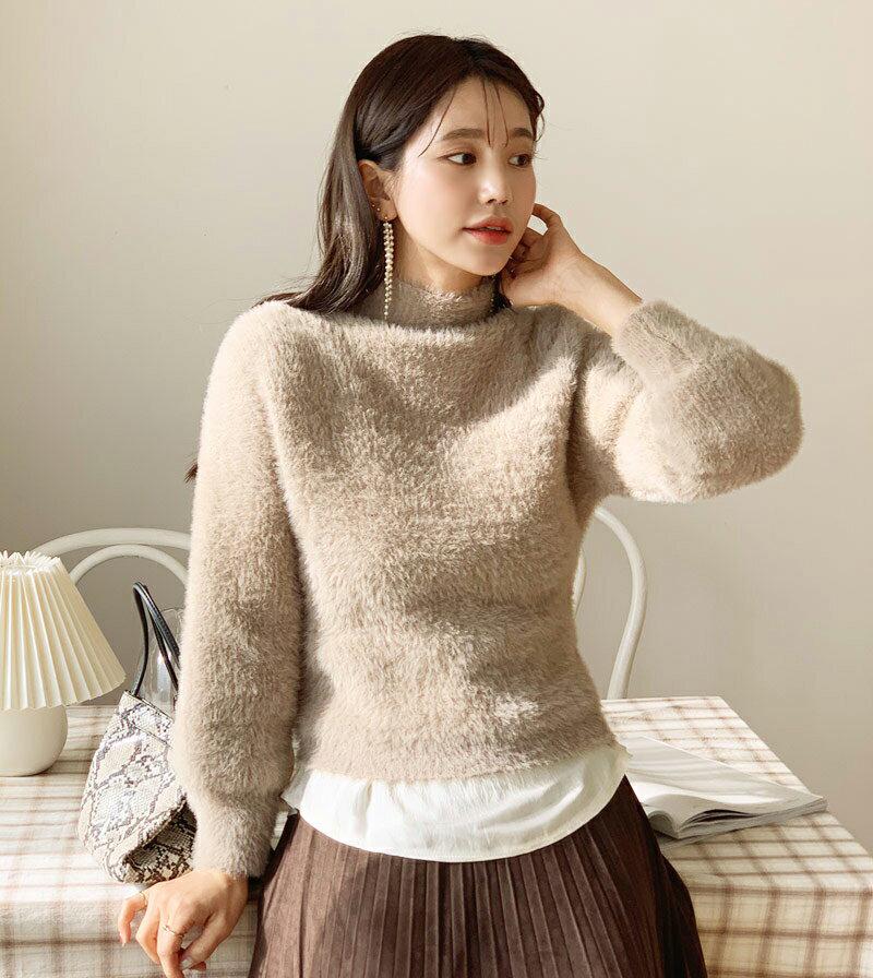 ソフトハイネックニット・全4色・t62102 レディース 【tops】【韓国 ファッション トップス ニット ハーフネック モックネック 長袖 シャギーニット ファーライク ブークレ 毛羽立ち 毛糸 カジュアル 秋 冬】