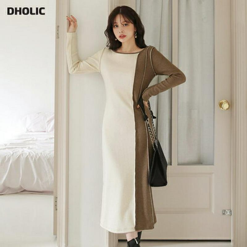 2WAYサイド配色ワンピース・全2色・t65634 レディース 【ops】【ワンピース ロング ロングワンピース 前後着用自由 2way 長袖 モダン 大人 配色 秋 冬 韓国 ファッション】【ハイホリHIHOLLI】