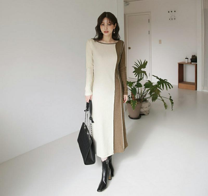 2WAYサイド配色ワンピース・全2色・t65634 レディース 【ops】【ワンピース ロング ロングワンピース 前後着用自由 2way 長袖 モダン 大人 配色 秋 冬 韓国 ファッション】【ハイホリHIHOLLI】